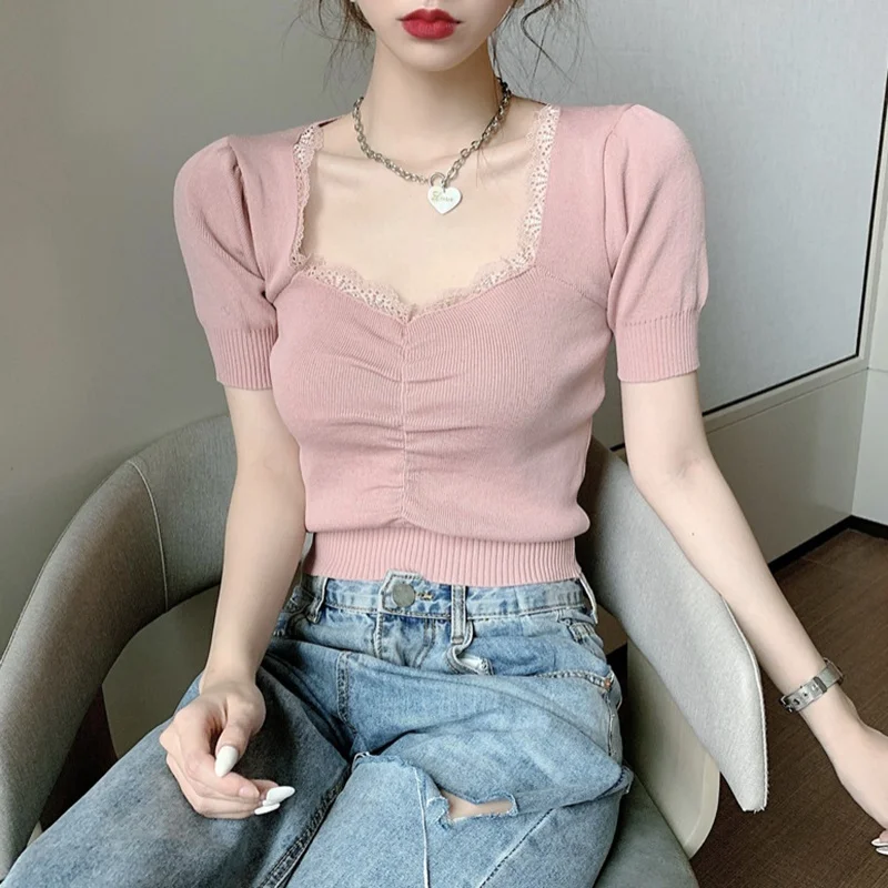 

Women Summer T-shirt Stitching Lace V-neck Tee Women Bubble Sleeve V-Neck Short Knitted T shirt Top