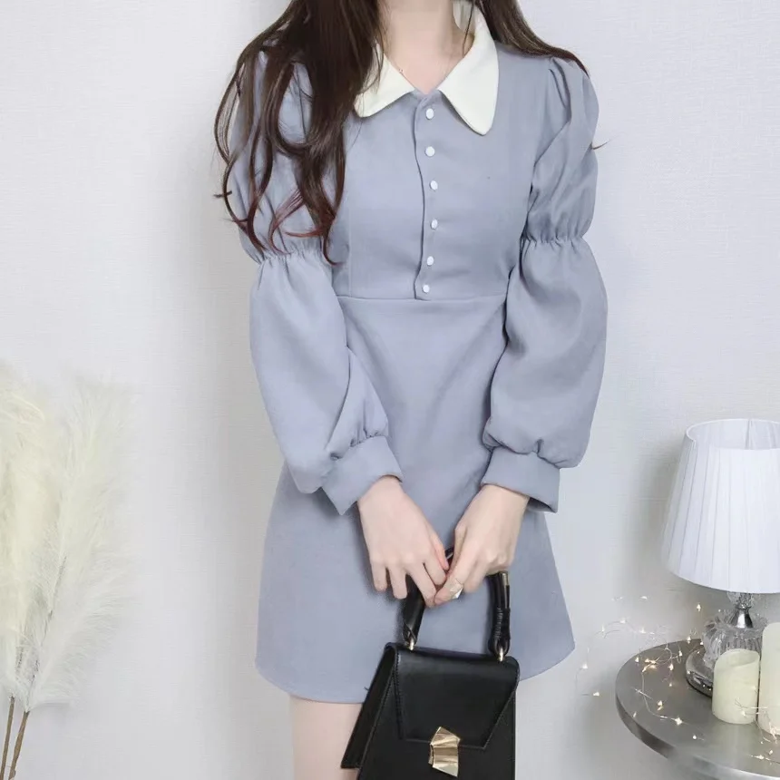 

Autumn Winter Mini Dress Vintage Korean Style Contrast Color Turn Down Collar Lace-up Lantern Sleeve High Waist Casual Dresses