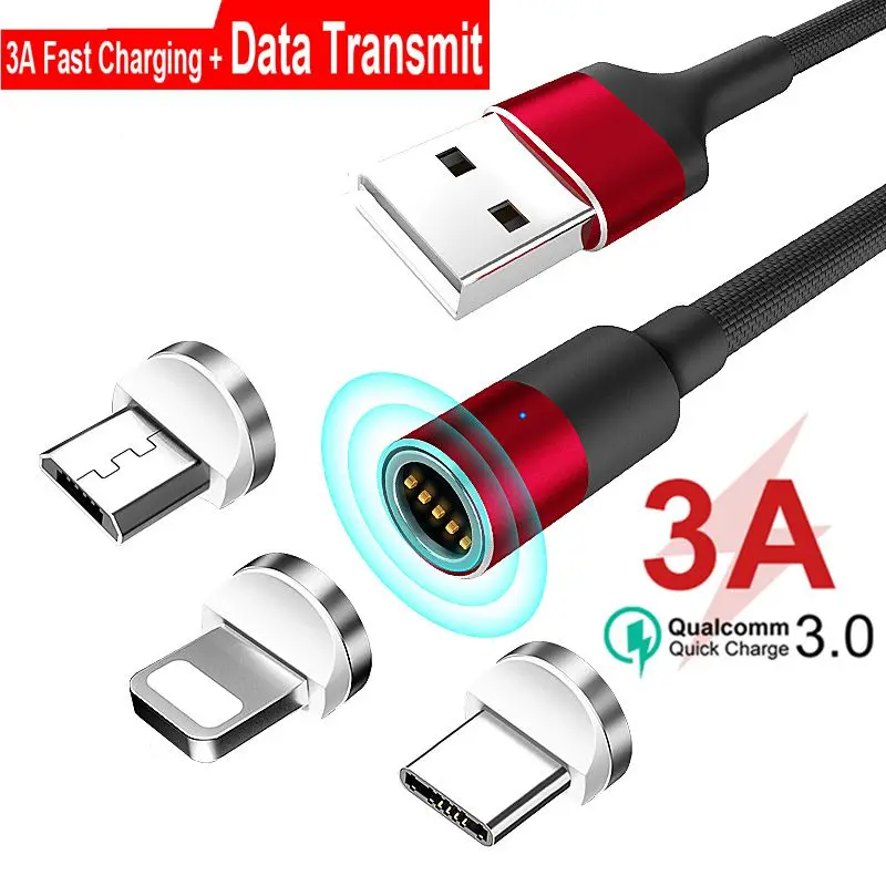 USB кабель быстрой зарядки QC 3 0 А магнитный Type C Micro светлый для телефонов iPhone Xiaomi
