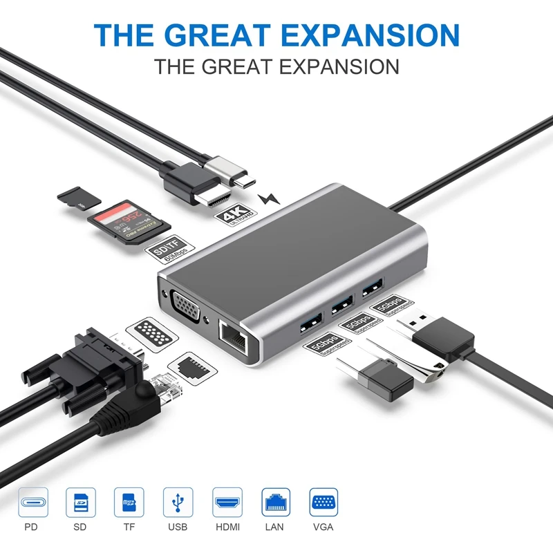 

Type-C Docking Station 9-In-1 Multi-Function Hub USB3.0 PD HDMI VGA HUB for Pro