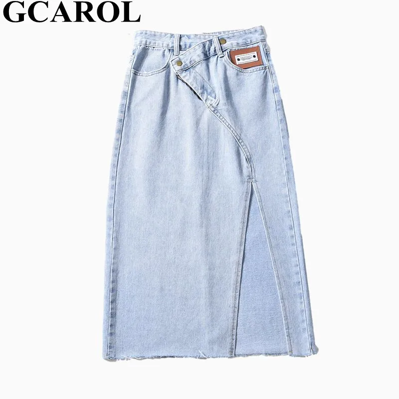 

GCAROL женская джинсовая юбка из 75% хлопка с высокой талией, с разрезом, трапециевидная двубортная юбка средней длины, Джинсовая юбка на 4 сезон...