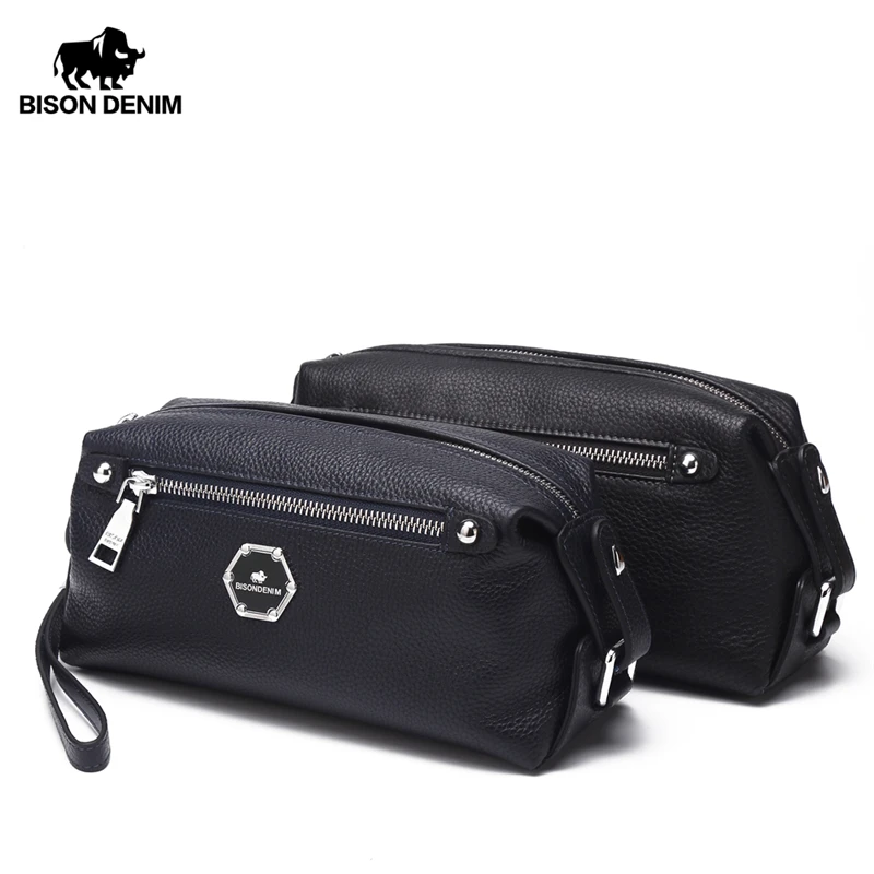 BISON DENIM Cowskin Кожаный клатч для мужчин из натуральной кожи Длинный карман бумажник на молнии дизайнерский мягкий брендовый мужской кошелек N8063