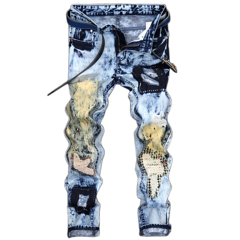 Men's fashion Slim Splash hole straight jeans Long trousers Hip Hop pants light blue patchwork print ripped denim jeans pants