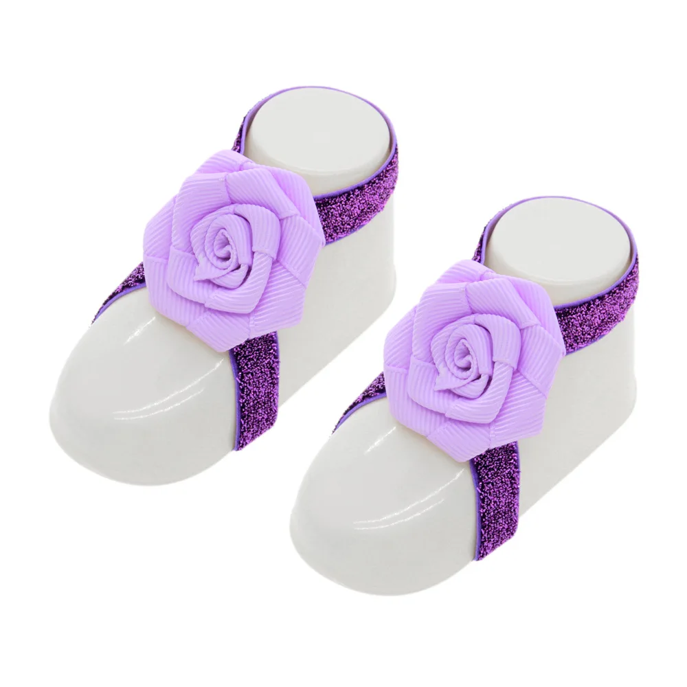 

New 2pcs/pair Newborn Toddler Elastic Glitter Band Barefoot Sandals Ribbon Ruffled Rose Flower Foot Straps Baby Photo Props