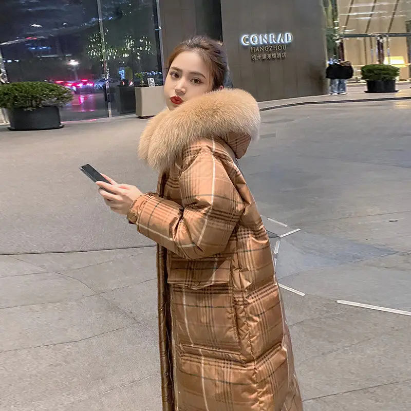 

Thick Parkas Winter Long Plaid 90% White Duck Down Jacket Women's Warm Loose Hooded Down Coat Windproof Snow Outwear Clothing