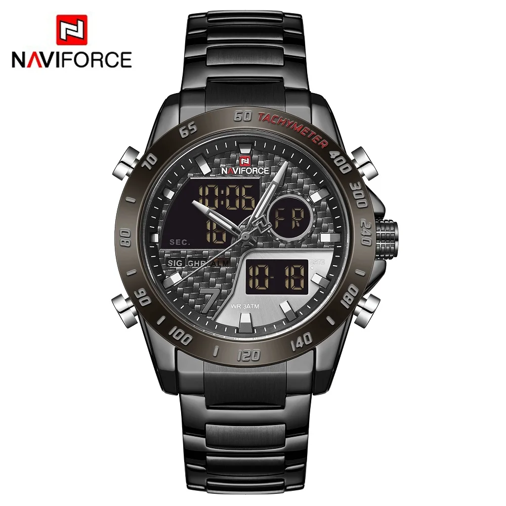 Black NAVIFORCE, мужские часы, модные, спортивные, кварцевые, светодиодный, цифровые часы, мужские, s, военный хронограф, наручные часы, Relogio Masculino - Цвет: Black