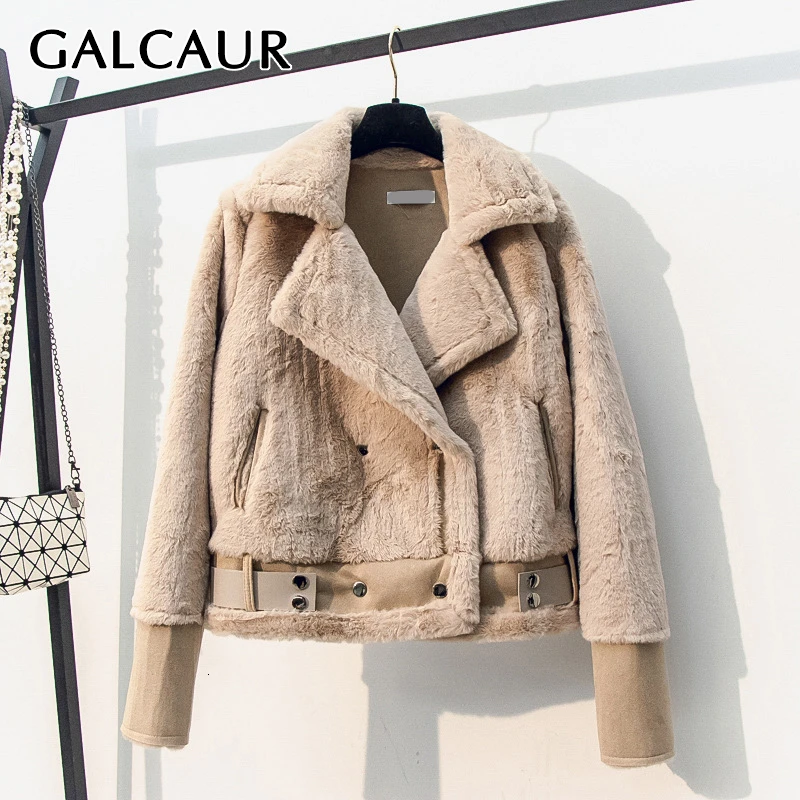 Женская куртка из искусственной кожи GALCAUR с отложным воротником и длинными
