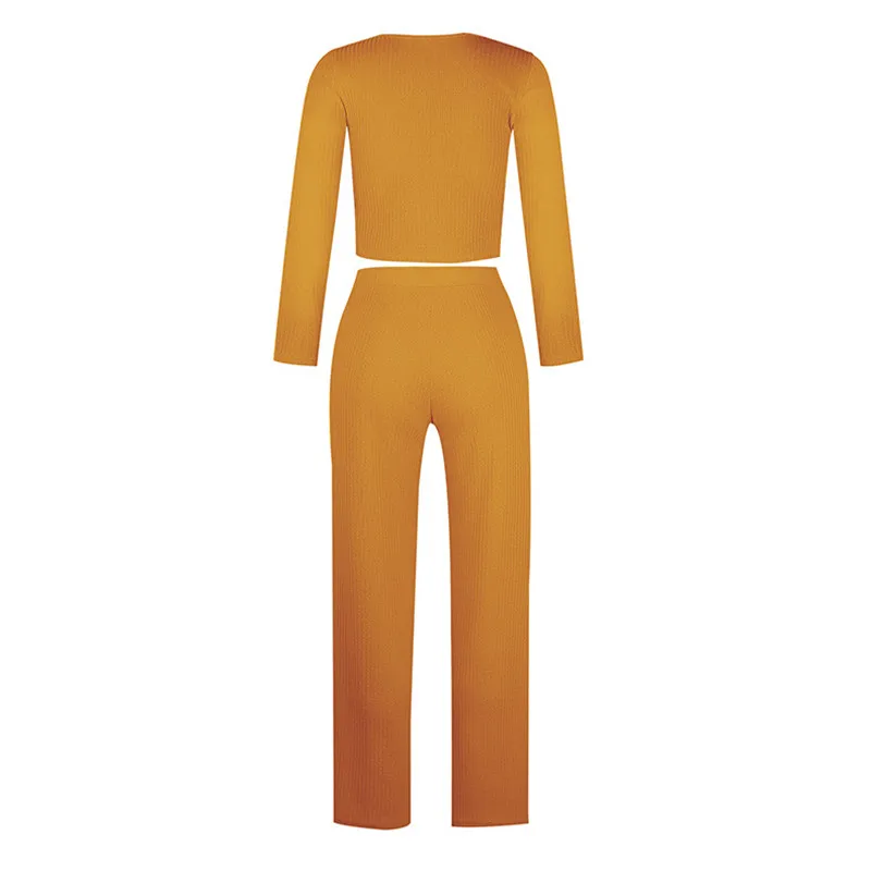 

Two Pieces Set Sexy Women Spring Long Sleeve Short Tops Long Pants Wide Leg Pants Ladies 2pcs set Outfits Female Clothes Set