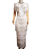 luxury glistening rhinestones white tassel women long dresses mesh see through split dresses birthday celebration prom costumes