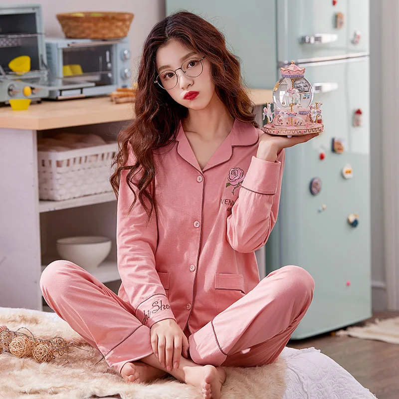 Зимние пижамы из 100% хлопка для женщин 2 шт. отдыха розовые дам домашняя одежда