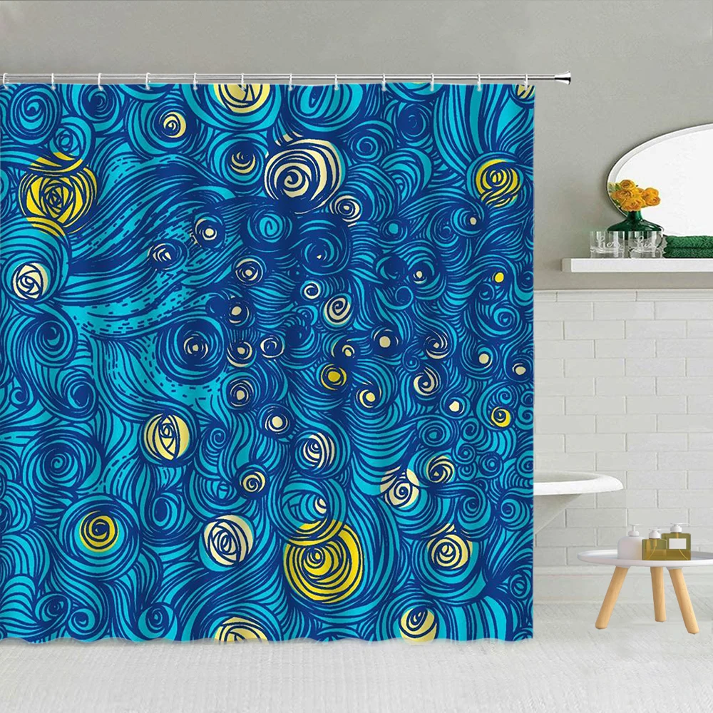 

Creativity Blue Auspicious Cloud Pattern Shower Curtain Set High Quality Frabic Black White Stripes Bathroom Supplies With Hooks