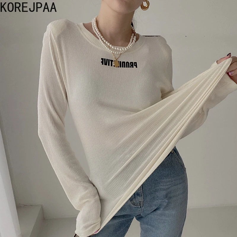 

Korejpaa Casual Letter Printing Knit T-shirt Women Korea Simple Fashion O-neck Long Sleeve All Match Slim Pull Femme Tops New
