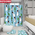 Симпатичная занавеска для душа с изображением снеговика на Рождество, синяя занавеска для ванной комнаты, набор ковриков для ванной, рождественские праздничные украшения для дома, крышка для унитаза