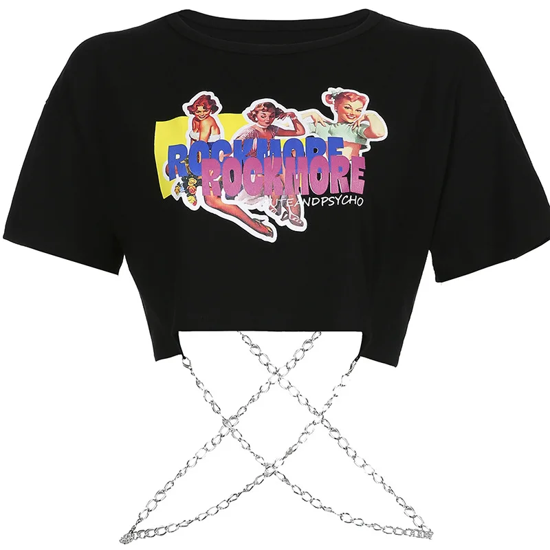 

2021 Retro Women Street Harajuku Printing T Shirt Fashion Loose O Neck Short Sleeve Chain Navel Crop Top Summer Chic Casual Tops