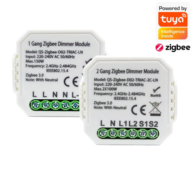 

Tuya Smart Zigbee Dimmer Switch Module 1/2 Gang 220V With Neutral 2 Way Wireless Control Works With Alexa Google