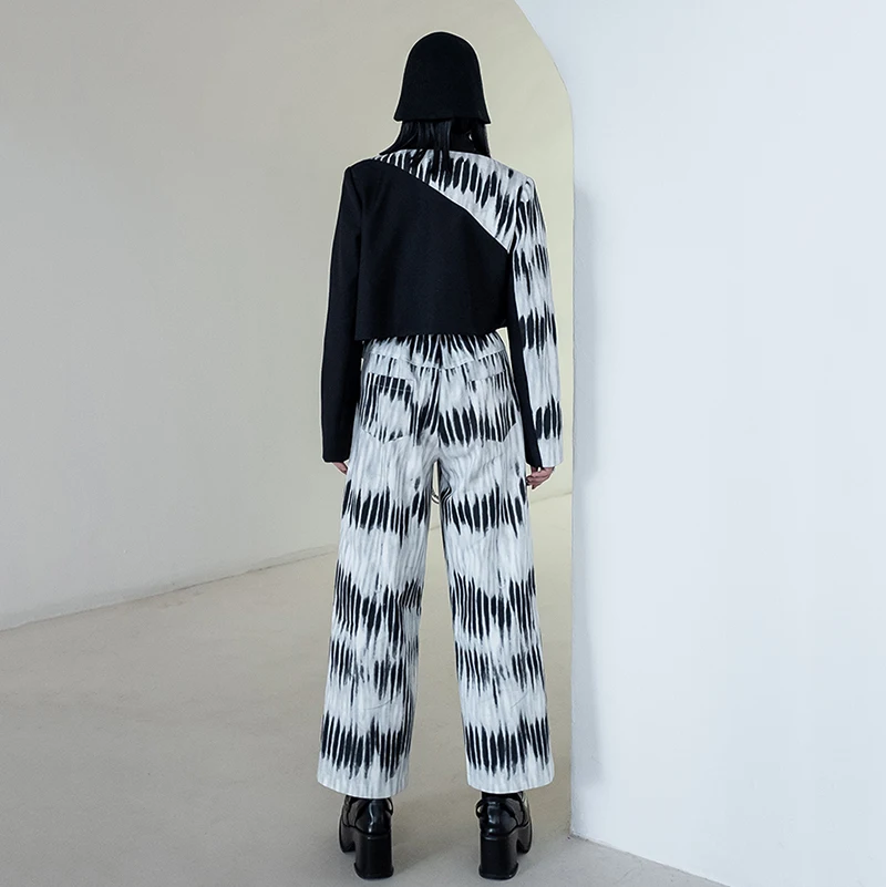 

Print Pattern Spilced Contrast Color High Waist Trousers New Loose Fit Pants Women Fashion Tide Spring Autumn 2021 1DD4127