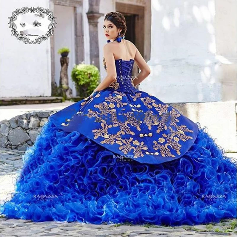 Королевское синее мексиканское платье Quinceanera золотые бриллианты стандартное