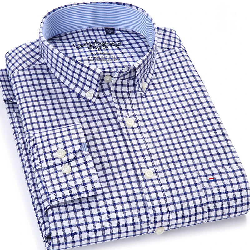 

Men's Plaid Checked Oxford Button-down Shirt Single Patch Pocket Casual Thick Contrast Standard-fit Long Sleeve Gingham Shirts