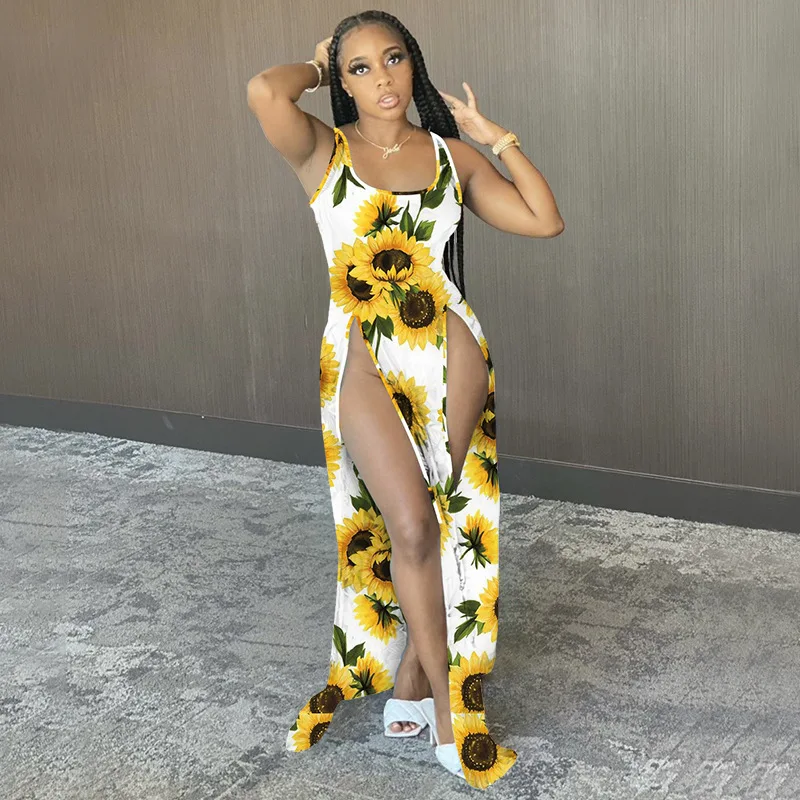 

Sunflower Print Beach WomenDresses Gradient Tie-Dye Split Dress