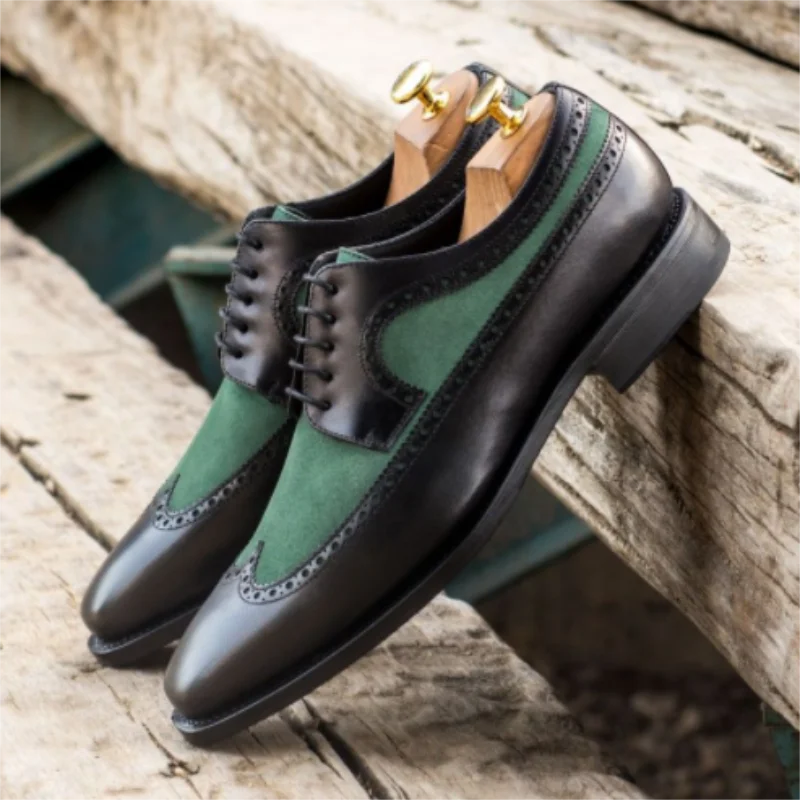 

Men's Handmade Black PU Stitching Green Suede Classic Lace-up Oxford Shoes Low-heel Pointed Toe Fashion All-match Casual 9KL008
