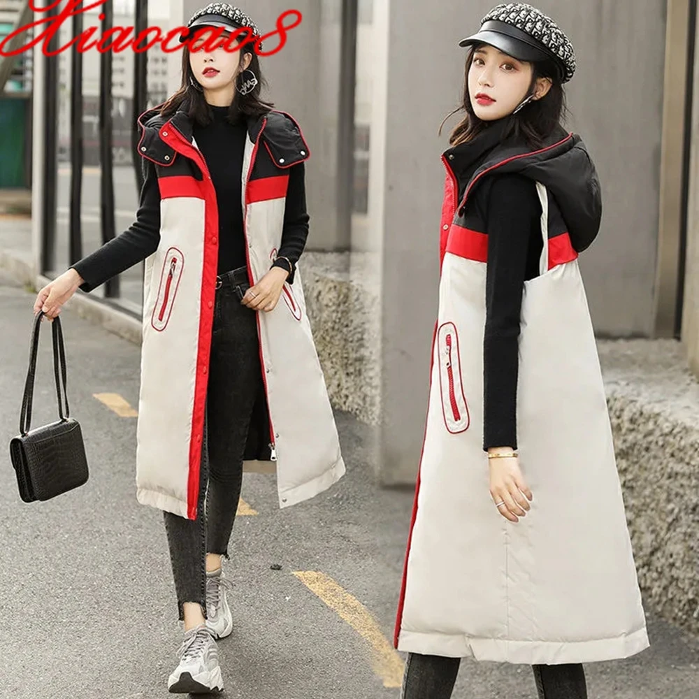 

2021 New Women's Warm Long Vest Autumn Winter Cotton Hooded Sleeveless Vest Jacket Women Patchwork Slim Waistcoat Plus Size Coat
