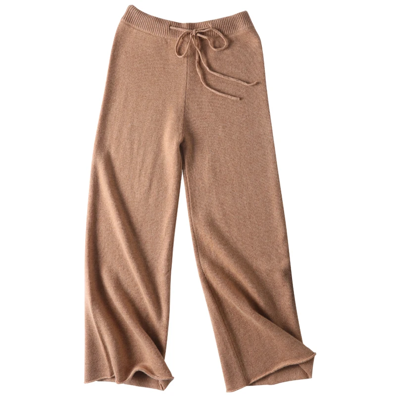 Women 100% Wool Pants New Autumn Winter Soft Waxy Comfortable High-Waist Knitted Female Thicken Wide Leg Pants