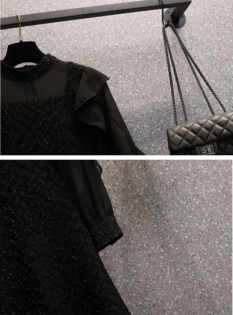 Женское винтажное твидовое платье черное Сетчатое лоскутное с оборками и