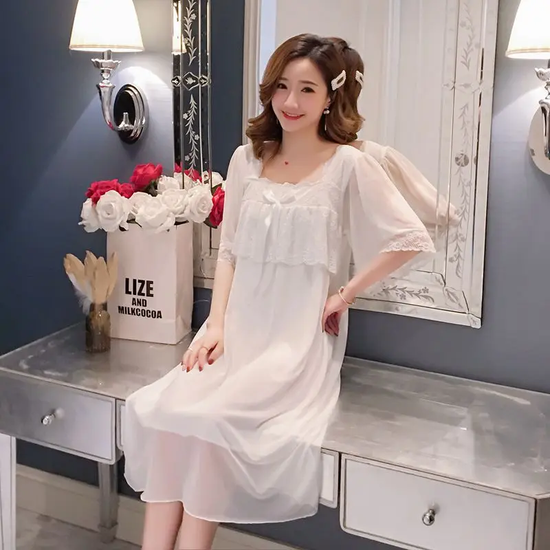 New lace nightdress women's summer short sleeve fresh princess style medium long dress sweet sexy nightgown court lady nightwear