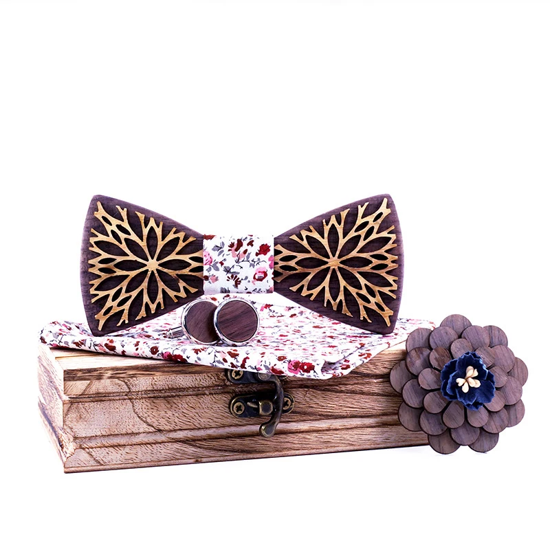 

Linbaiway Fashion Necktie Wooden Bow Tie Hanky Cufflinks Brooch Set Men's Wood Bowtie Retro Man Shirt Necktie Accessories Gifts