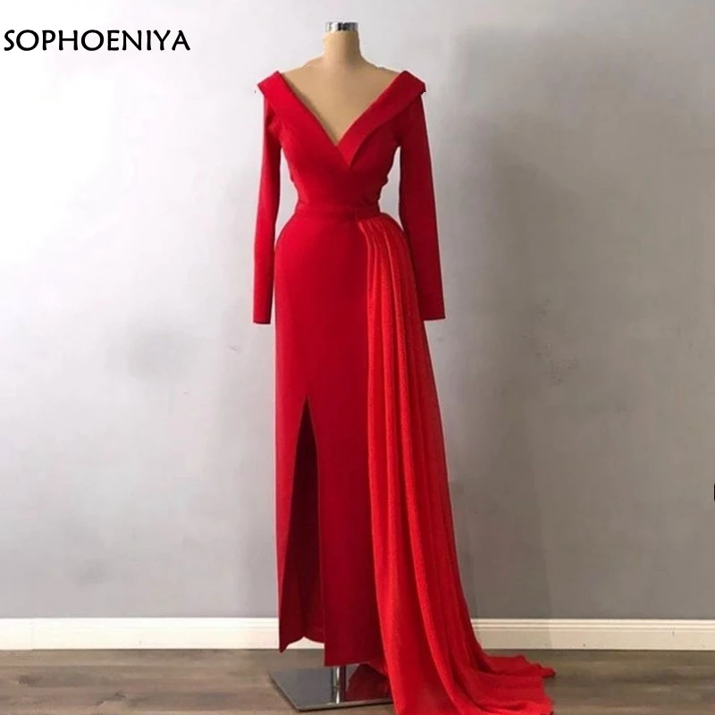 

New Arrival V Neck Long sleeve Red Evening dresses Long Slit Sexy Formal dress Party Dubai abiye Evening gowns 2021 robe soiree