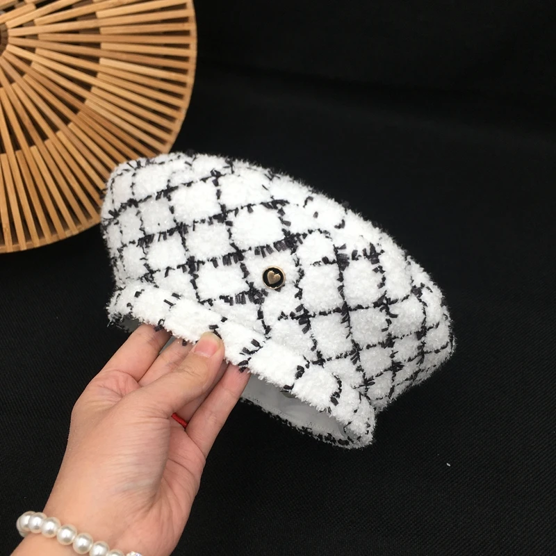 Шляпа женская маленькая Очаровательная твидовая вязаная шляпа ретро клетчатый