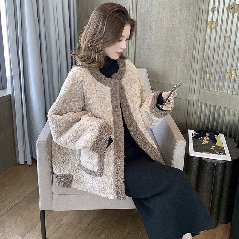 

Woman Lamb Wool Coat 2020 Autumn Winter Fashion Casual Round Neck Teddy Outwear Ladies CasualLoose Splicing Jacket