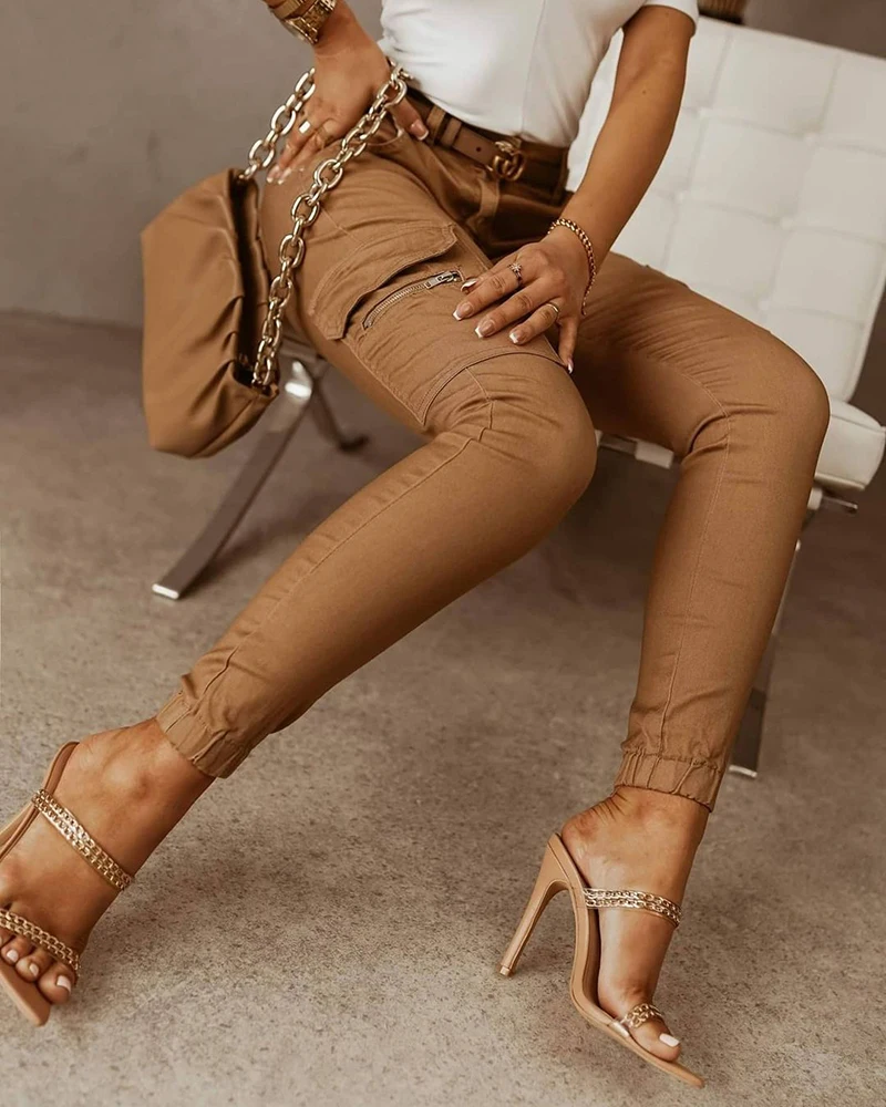 

Women Plain Zipper Pockets Design Cargo Pants Femme Streetwear Harajuku Skinny Casual Solid Trousers Urban Outfits 2021 Trf