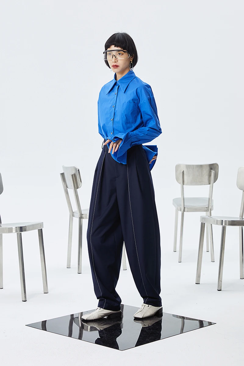 

[EAM] High Waist Black Pleated Split Joint Long Wide Leg Trousers New Loose Fit Pants Women Fashion Spring Autumn 2021 1S982