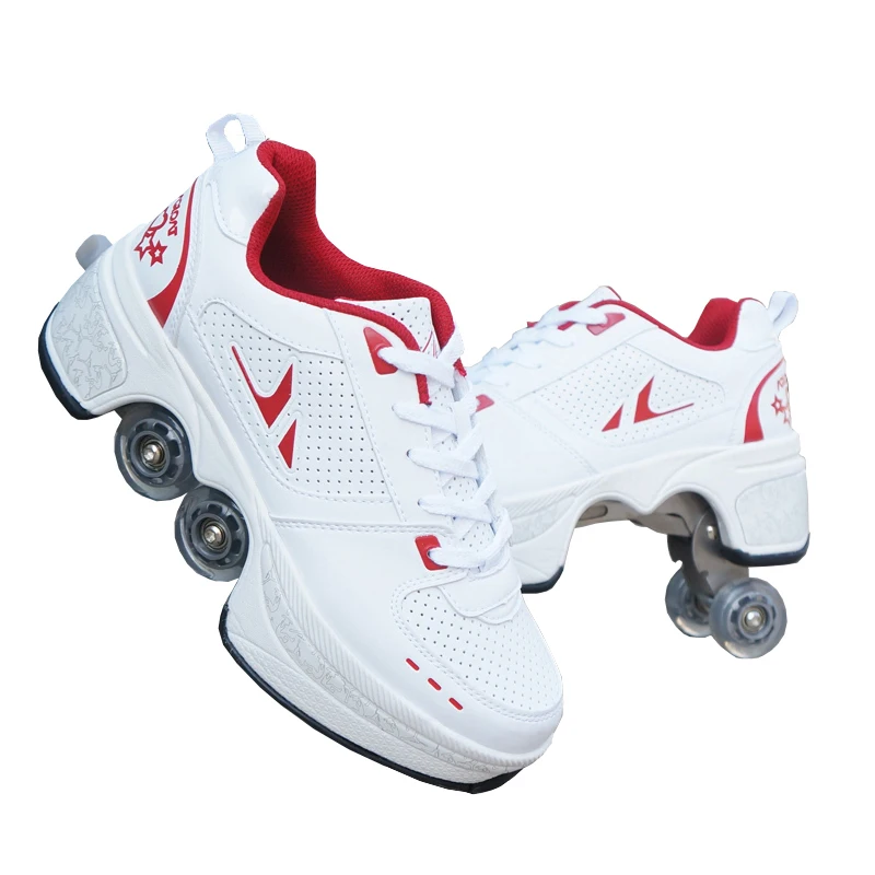 Deformation Parkour Shoes Four Wheels Rounds of Running Shoes Roller Skates Shoes Adults Kids Unisex