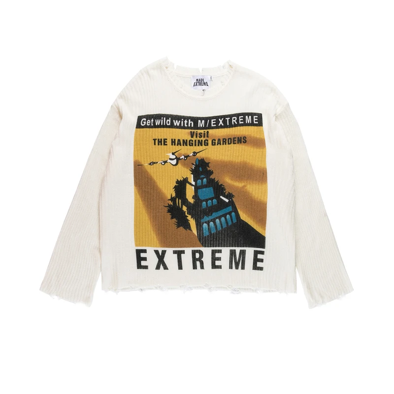 Мужские свитера уличная одежда в стиле хип хоп с потертостями на шее Ретро стиль