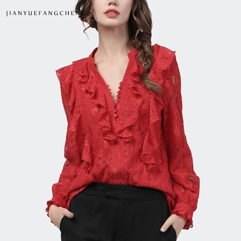 Женский кружевной топ с жемчугом элегантная ажурная блузка длинным рукавом и