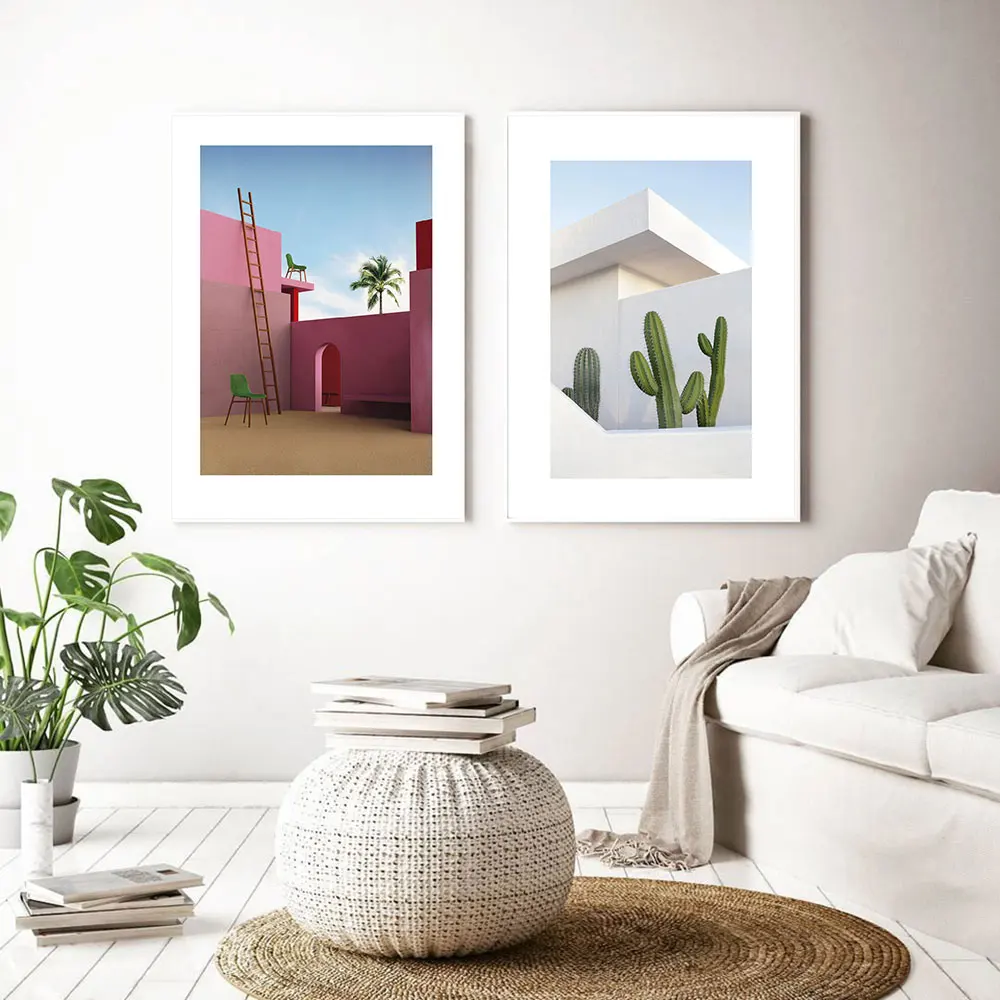 

Canvas Painting Minimalist Cactus Building Posters Surrealism Pink Nordic Art Prints Modern Wall Pictures Living Room Decoration