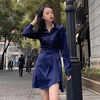 2021 new irregular mini shirt shaped dress women elegant office lady dark blue autumn korean one piece vintage fashion dress