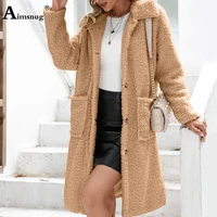 aimsnug 2021 single breasted top womens long jackets plush cashmere outerwear winter warm coats woman pockets design overcoats
