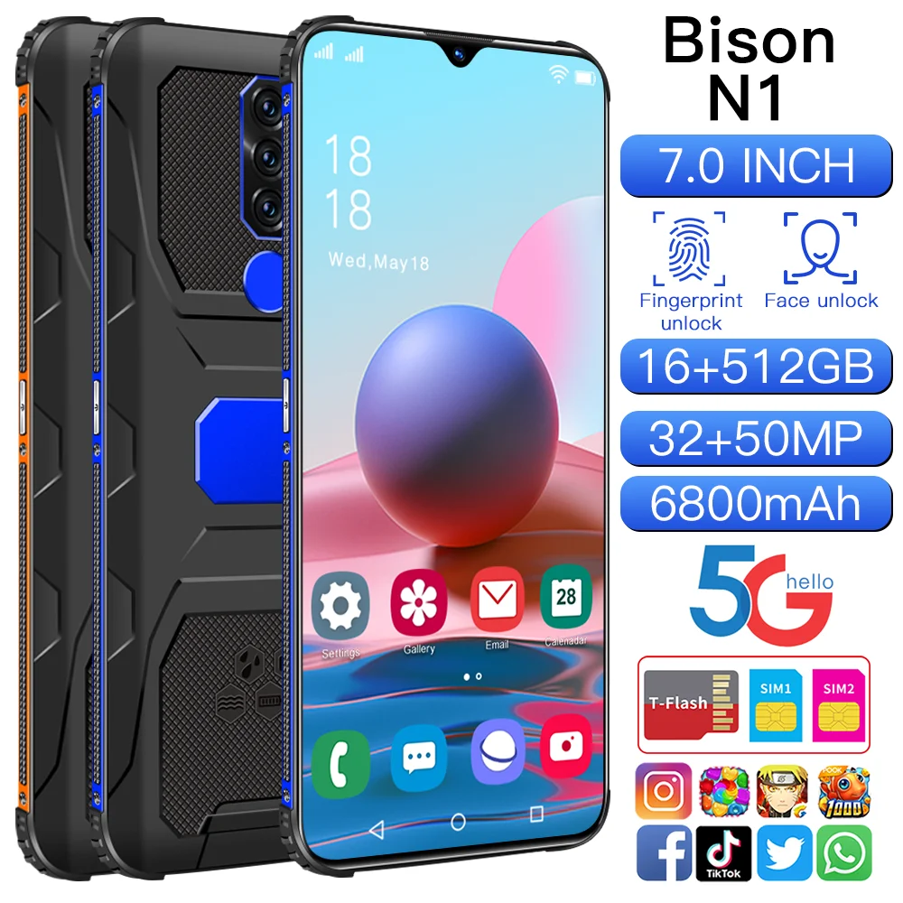 

2021 New Global Version Bison N1 7.0 inch Smartphone Deca Core 6800mAh 16+512GB Dual SIM Full Screen 4G 5G Android Mobile Phone