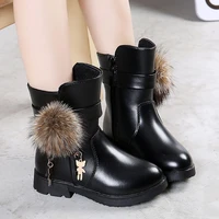 new winter girls boots real fur ball pu leather kids snow boots warm plush sneakers children shoes