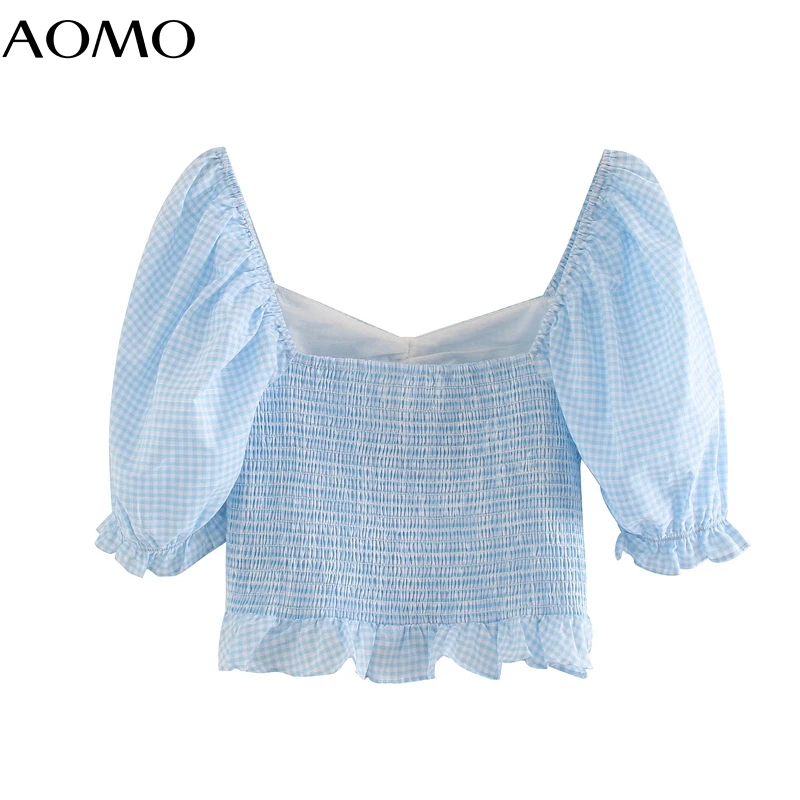 

AOMO women retro blue plaid print crop shirt bow short sleeve 2020 summer chic female sexy slim shirt tops 3H555A