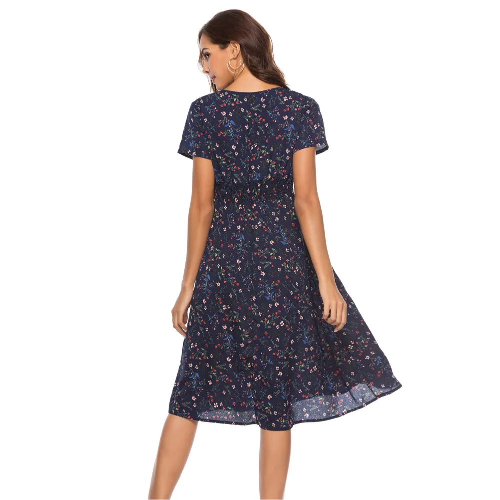 

2020 Spring And Summer New Women Chiffon Beach Dress Printed V - Neck Short Sleeve Dress Bohemian Mini Floral Print Dress