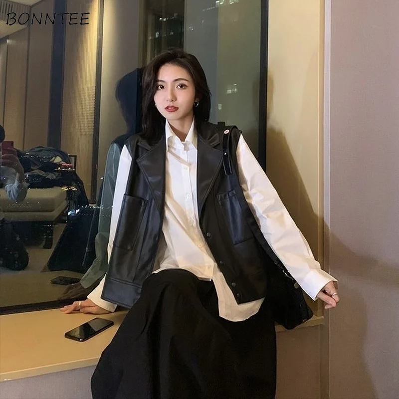 

PU Leather Vests Women Slim Fashion Vintage Sleeveless Solid Casual Female Harajuku Simple Single Breasted Outwear Korean Style
