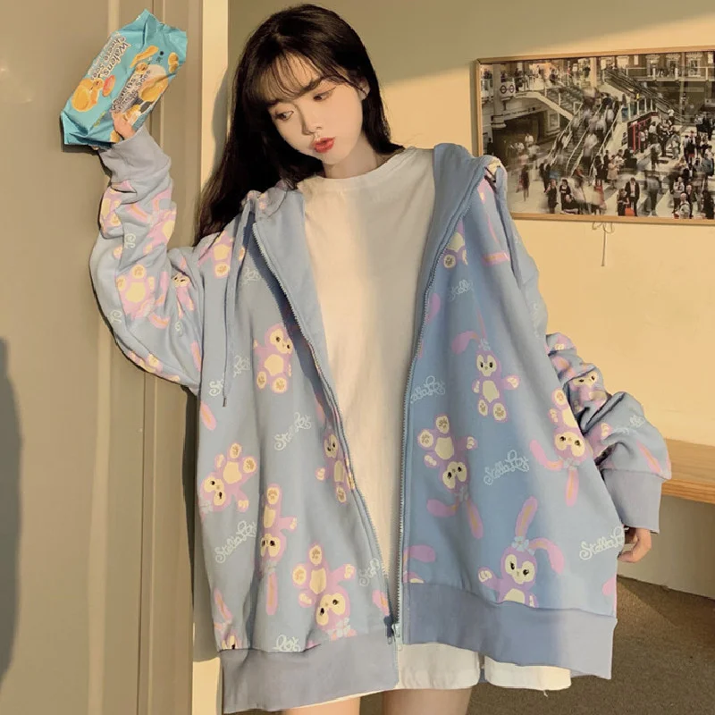 

Vintage Rabbit Full Printed Zipper Sweater Women's Spring and Autumn Thin Loose Korean Style Boyfriend Idle Style Cardigan