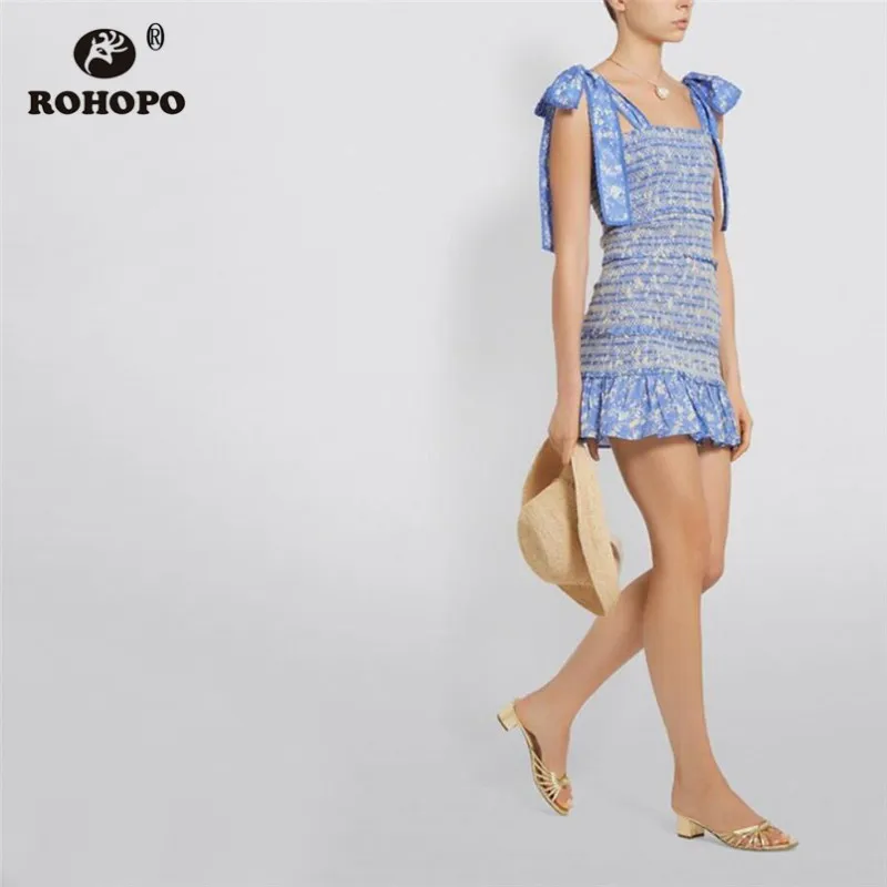 ROHOPO широкое кружевное платье с бантом на тонких бретельках цветочное синее