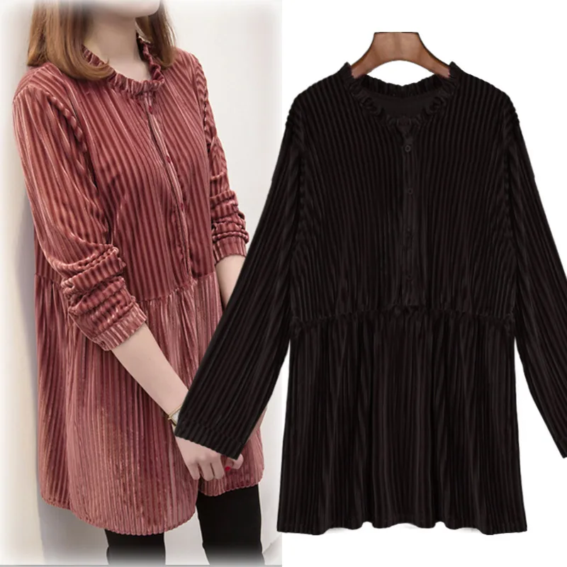 Women blouses plus size 2020 spring new fashion Vintage O-Neck velvet Long women clothing black pink streetwear office blouse | Женская
