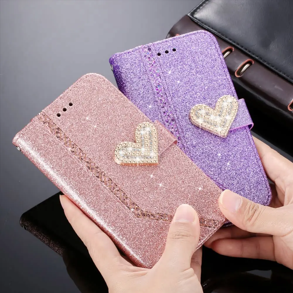 Кожаный чехол книжка с бриллиантами и сердечками для Samsung Galaxy A50 A70 A10 A20 A30 A40 A7 A5 A6