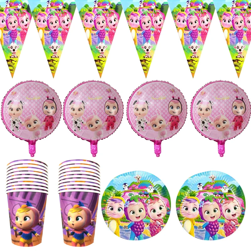 64 unids/lote Feliz cumplea&ntilde;os fiesta beb&eacute; llorando cartel tem&aacute;tico placas ni&ntilde;os favores vasos platos beb&eacute; ducha banderas decorar globos de papel de aluminio-0